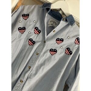 Vtg 90's Cotton Button Up Shirt Patriotic Embroidered Heart USA Preppy Granny